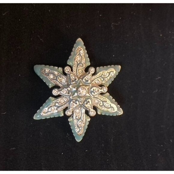 Vintage Monet Flower Rhinestone Brooch Green Enamel Snowflake Star - Picture 3 of 7